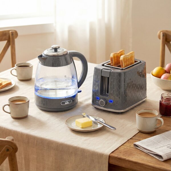 HOMCOM Kettle and Toaster Set, 1.7L 3000W Rapid Kettle with Limescale Filter, 2 Slice Toaster with 7 Browning Controls, Grey