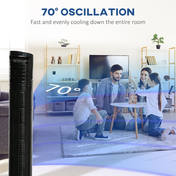 HOMCOM Freestanding Tower Fan, 3 Speed 3 Mode, 7.5h Timer, 70 Degree Oscillation, LED Panel, 5M Remote Controller, Black Aosom UK
