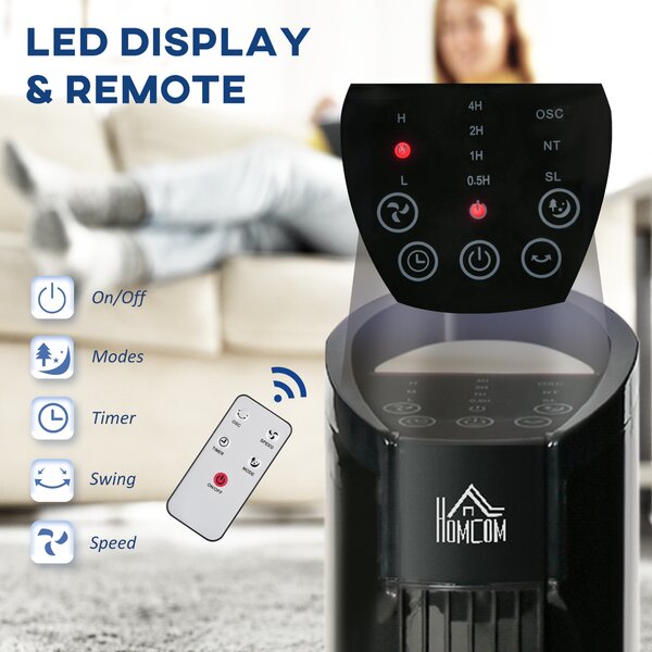 HOMCOM Freestanding Tower Fan, 3 Speed 3 Mode, 7.5h Timer, 70 Degree Oscillation, LED Panel, 5M Remote Controller, Black Aosom UK