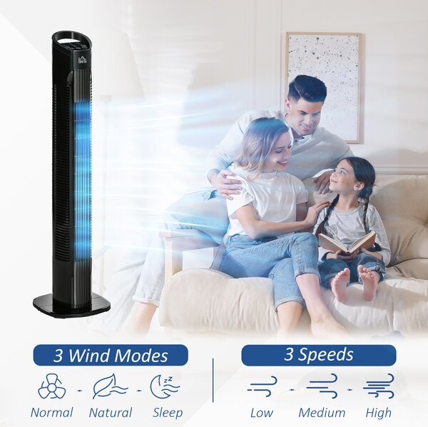 HOMCOM Freestanding Tower Fan, 3 Speed 3 Mode, 7.5h Timer, 70 Degree Oscillation, LED Panel, 5M Remote Controller, Black Aosom UK