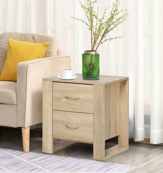 HOMCOM Bedside Cabinet with 2 Drawers: Modern Boxy Design, Elevated Base, Melamine Finish, Bedroom Storage, Oak Brown. Aosom UK