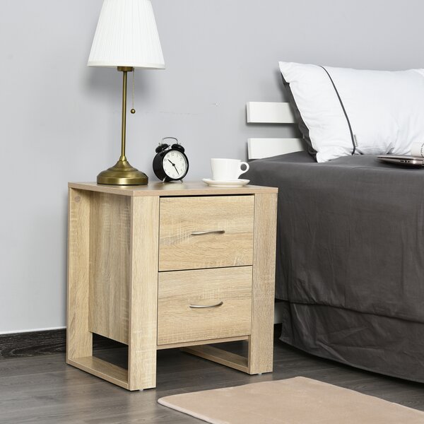HOMCOM Bedside Cabinet with 2 Drawers: Modern Boxy Design, Elevated Base, Melamine Finish, Bedroom Storage, Oak Brown. Aosom UK