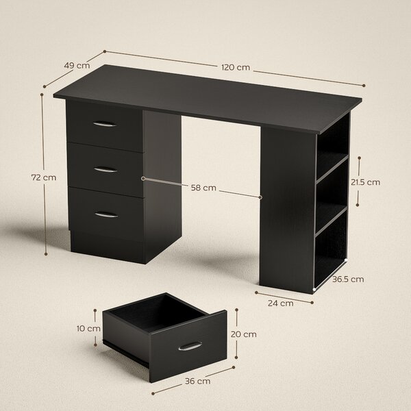 HOMCOM Computer Desk, Home Office Desk, Writing Table, PC Workstation with 3 Storage Shelves and 3 Drawers for Working, Study, 120 x 49 x 72 cm, Black