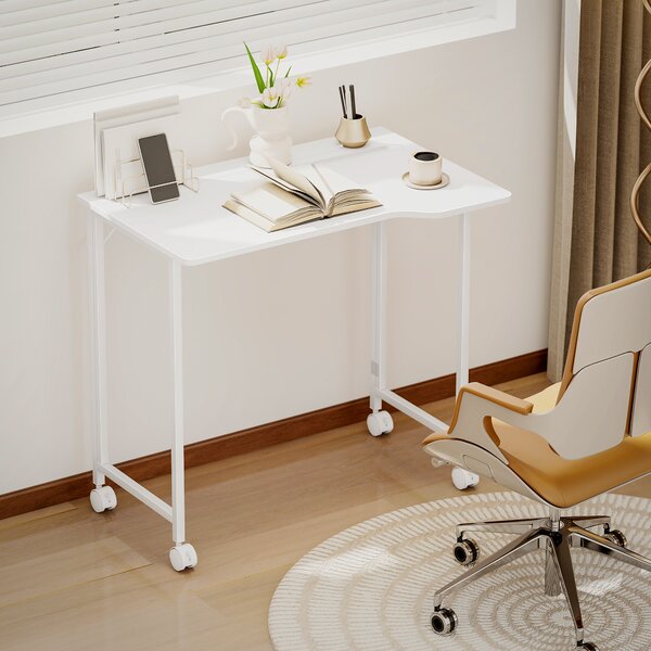 HOMCOM Small Folding Desk, with Wheels - White Wood-Effect
