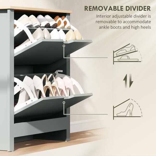 HOMCOM Slim Shoe Cabinet, Narrow Shoe Cupboard with 2 Flip Drawers, Adjustable Shelves for 12 Pairs of Shoes, Light Grey