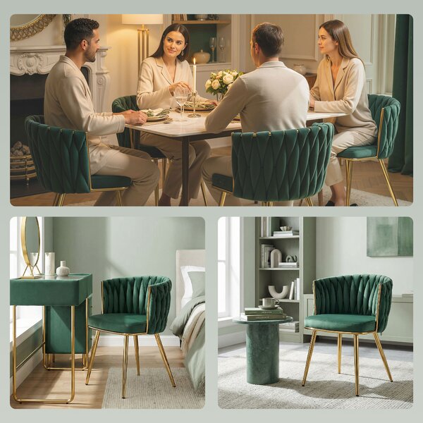 HOMCOM Velvet-Feel Dining Chairs Set of 2, Modern Upholstered Kitchen Chairs with Woven Backrest and Armrests, Metal Legs and Padded Seat for Dining Room, Bedroom, Living Room, Dark Green