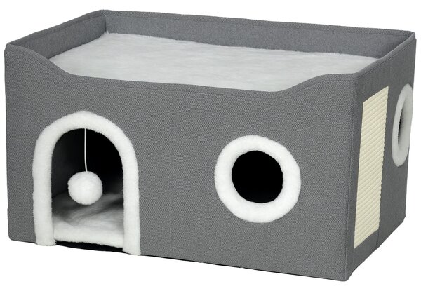 PawHut Cat Bed for Indoor Pets, Foldable Cat House with Fluffy Ball and Scratch Pad for Small and Medium Pets, Grey
