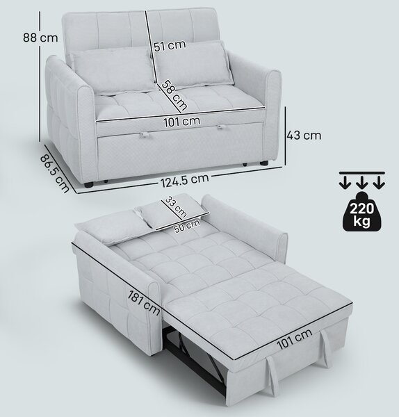 HOMCOM 2 Seater Sofa Bed, 3-in-1 Convertible Sleeper Sofa with Click-clack Adjustable Backrest and 2 Pillows, Light Grey