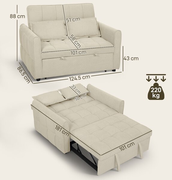 HOMCOM 2 Seater Sofa Bed, 3-in-1 Convertible Sleeper Sofa with Click-clack Adjustable Backrest and 2 Pillows, Light Brown