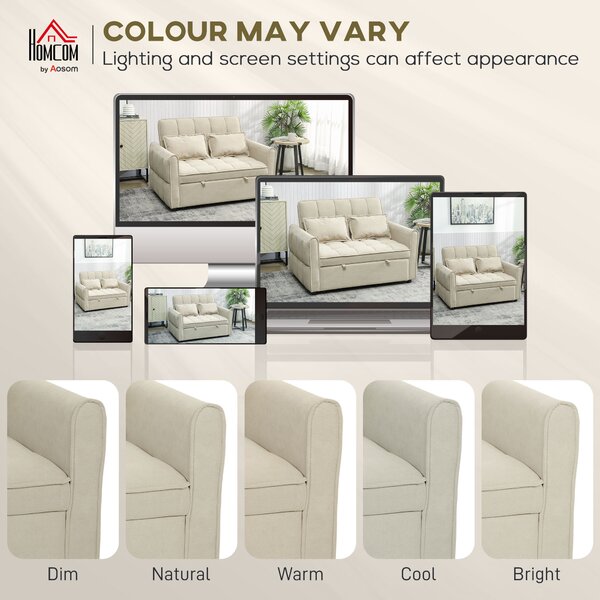 HOMCOM 2 Seater Sofa Bed, 3-in-1 Convertible Sleeper Sofa with Click-clack Adjustable Backrest and 2 Pillows, Light Brown