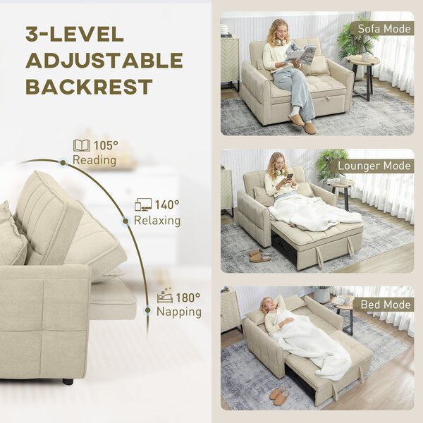 HOMCOM 2 Seater Sofa Bed, 3-in-1 Convertible Sleeper Sofa with Click-clack Adjustable Backrest and 2 Pillows, Light Brown