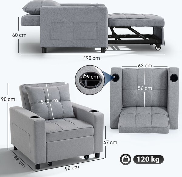 HOMCOM 3-in-1 Single Sofa Bed, Convertible Sleeper Chair Bed - Light Grey