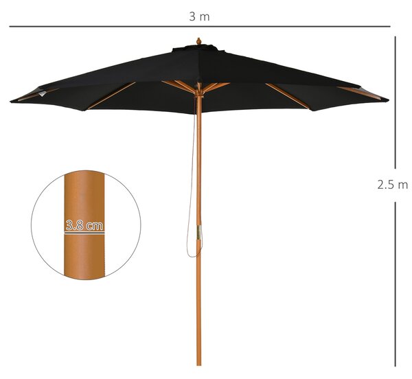 Outsunny Bamboo Style Garden Parasol, 閳扁偓3m Outdoor Patio Umbrella with 8 Ribs Sunshade Canopy, Black Aosom UK