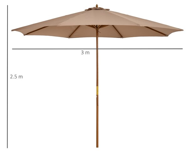 Outsunny 3(m) Garden Umbrella Wooden Parasol 8 Ribs Bamboo Sun Shade Patio Outdoor Umbrella Canopy Khaki