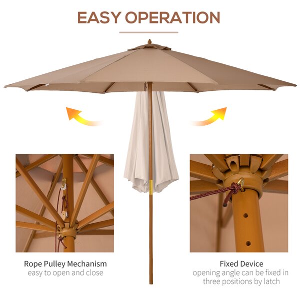 Outsunny 3(m) Garden Umbrella Wooden Parasol 8 Ribs Bamboo Sun Shade Patio Outdoor Umbrella Canopy Khaki