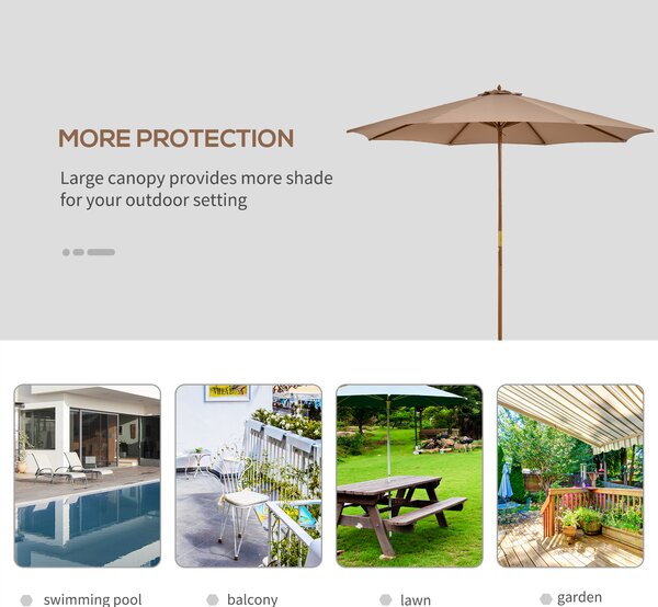 Outsunny 3(m) Garden Umbrella Wooden Parasol 8 Ribs Bamboo Sun Shade Patio Outdoor Umbrella Canopy Khaki