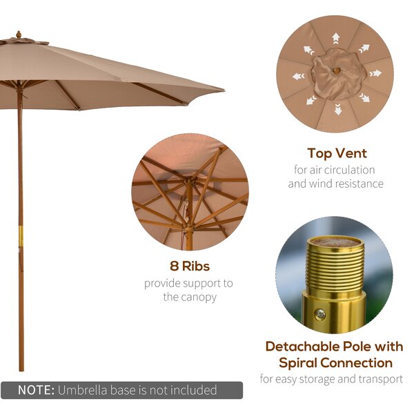 Outsunny 3(m) Garden Umbrella Wooden Parasol 8 Ribs Bamboo Sun Shade Patio Outdoor Umbrella Canopy Khaki