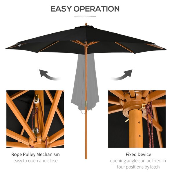 Outsunny Bamboo Style Garden Parasol, 閳扁偓3m Outdoor Patio Umbrella with 8 Ribs Sunshade Canopy, Black Aosom UK