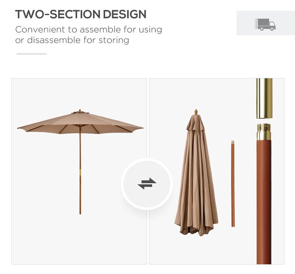 Outsunny 3(m) Garden Umbrella Wooden Parasol 8 Ribs Bamboo Sun Shade Patio Outdoor Umbrella Canopy Khaki