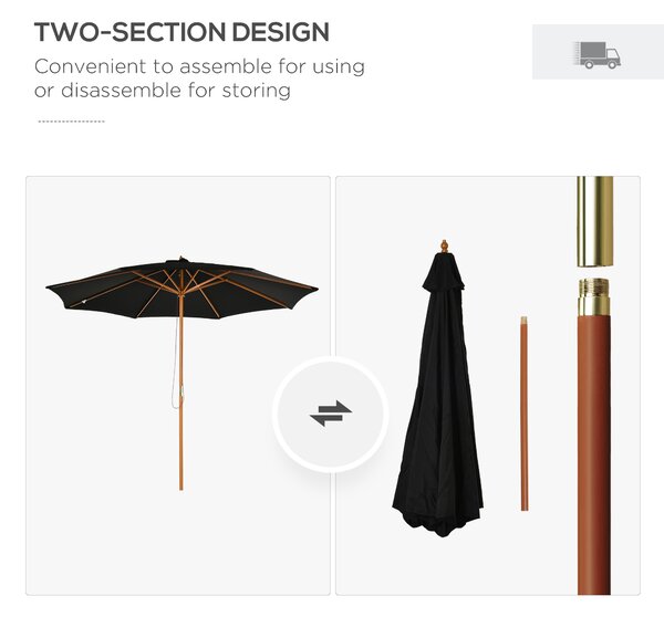 Outsunny Bamboo Style Garden Parasol, 閳扁偓3m Outdoor Patio Umbrella with 8 Ribs Sunshade Canopy, Black Aosom UK