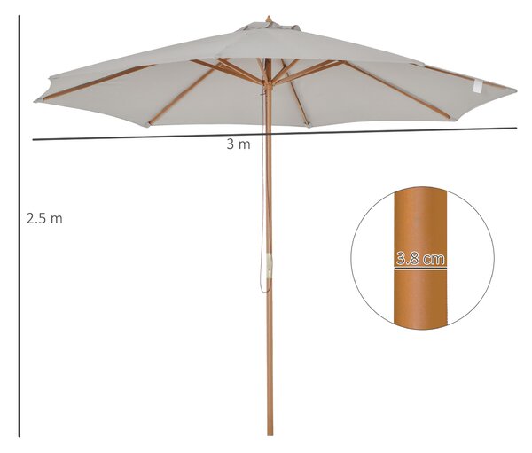 Outsunny 3m Fir Wooden Garden Parasol Bamboo Sun Shade Patio Outdoor Umbrella Canopy, Grey Aosom UK