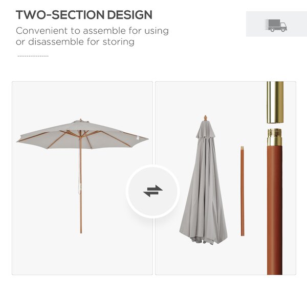 Outsunny 3m Fir Wooden Garden Parasol Bamboo Sun Shade Patio Outdoor Umbrella Canopy, Grey Aosom UK