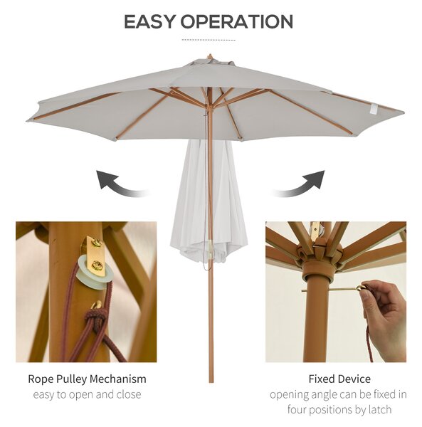 Outsunny 3m Fir Wooden Garden Parasol Bamboo Sun Shade Patio Outdoor Umbrella Canopy, Grey Aosom UK