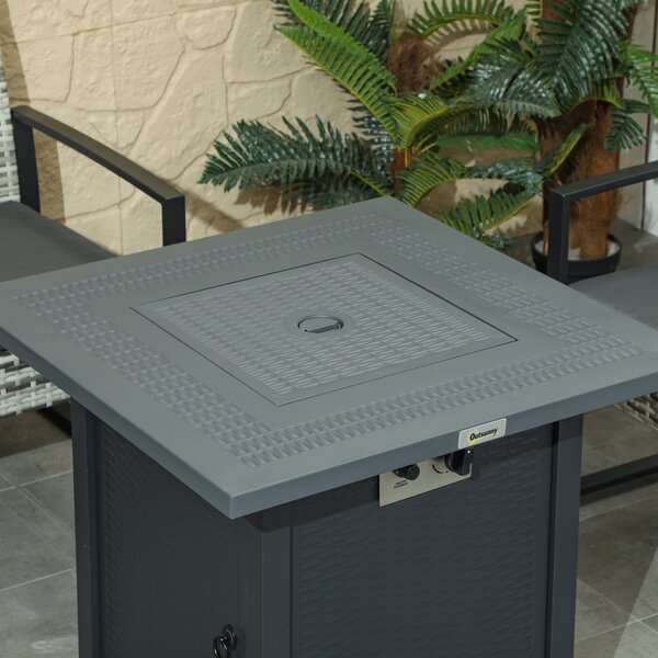 Outsunny Square Propane Gas Fire Pit Table, 40000 BTU Rattan Smokeless Firepit Patio Heater with Lava Rocks and Lid, 71cm x 71cm x 62cm, Dark Grey