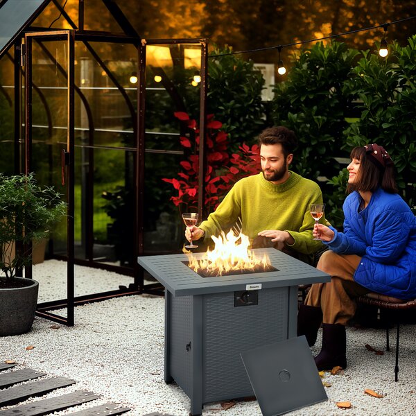 Outsunny Rattan-style Propane Gas Fire Pit Table with 40,000 BTU Burner, Square Smokeless Firepit Patio Heater with Thermocouple, Lava Rocks, Grey