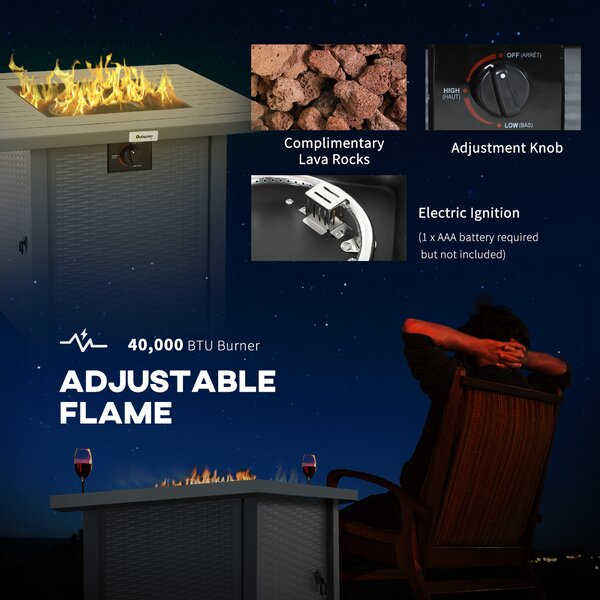 Outsunny Rattan-style Propane Gas Fire Pit Table with 40,000 BTU Burner, Square Smokeless Firepit Patio Heater with Thermocouple, Lava Rocks, Grey