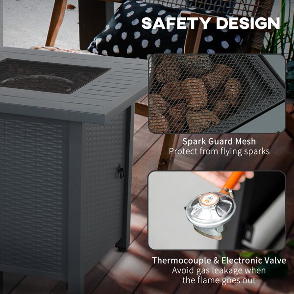 Outsunny Rattan-style Propane Gas Fire Pit Table with 40,000 BTU Burner, Square Smokeless Firepit Patio Heater with Thermocouple, Lava Rocks, Grey