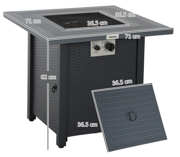 Outsunny Square Propane Gas Fire Pit Table, 40000 BTU Rattan Smokeless Firepit Patio Heater with Lava Rocks and Lid, 71cm x 71cm x 62cm, Dark Grey