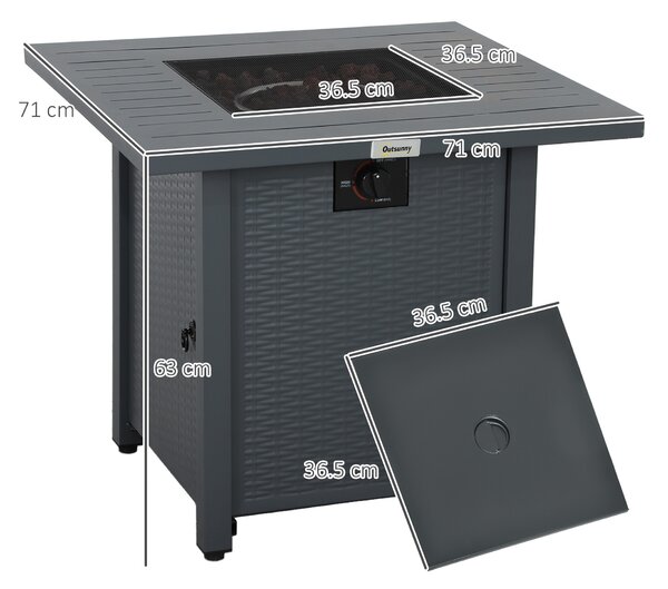 Outsunny Rattan-style Propane Gas Fire Pit Table with 40,000 BTU Burner, Square Smokeless Firepit Patio Heater with Thermocouple, Lava Rocks, Grey