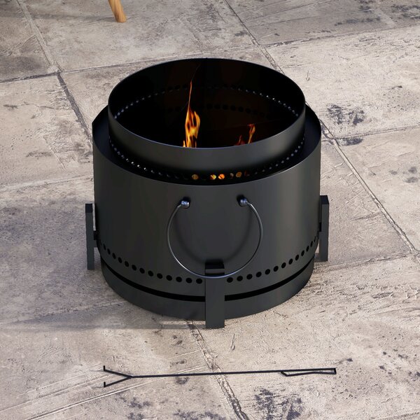 Outsunny Smokeless Fire Pit, 37cm Portable Wood Burning Firepit with Poker for Garden Camping Bonfire Party, Metal, Black