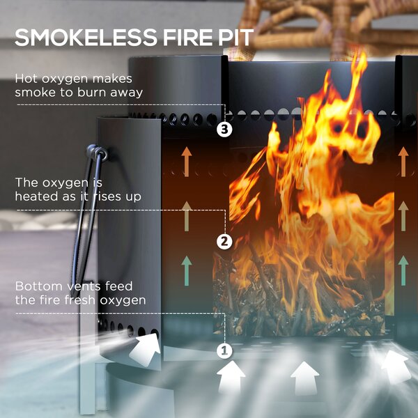 Outsunny Smokeless Fire Pit, 37cm Portable Wood Burning Firepit with Poker for Garden Camping Bonfire Party, Metal, Black