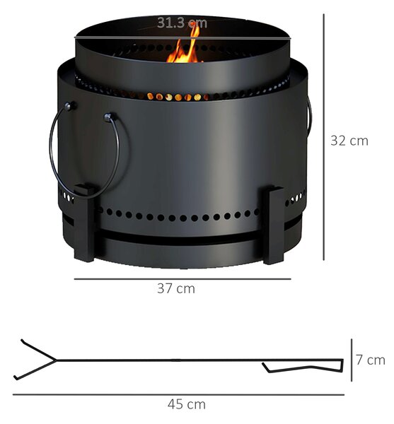 Outsunny Smokeless Fire Pit, 37cm Portable Wood Burning Firepit with Poker for Garden Camping Bonfire Party, Metal, Black
