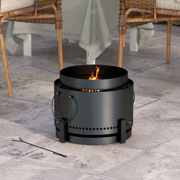 Outsunny Smokeless Fire Pit, 37cm Portable Wood Burning Firepit with Poker for Garden Camping Bonfire Party, Metal, Black