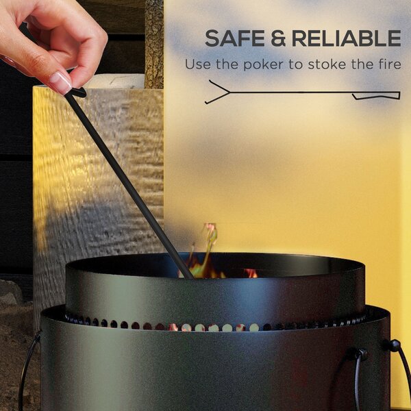 Outsunny Smokeless Fire Pit, 37cm Portable Wood Burning Firepit with Poker for Garden Camping Bonfire Party, Metal, Black
