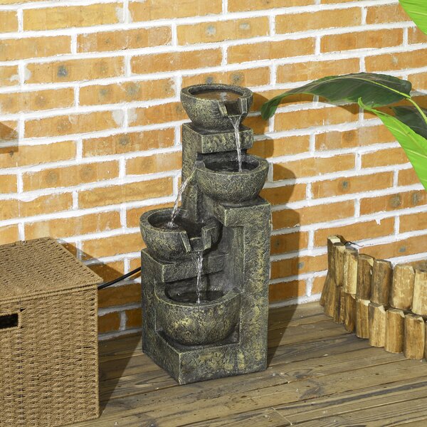 Outsunny Garden Water Feature Waterfall Fountain with 4-Tier Stone Look Bowls, Adjustable Flow, Black and Yellow Aosom UK