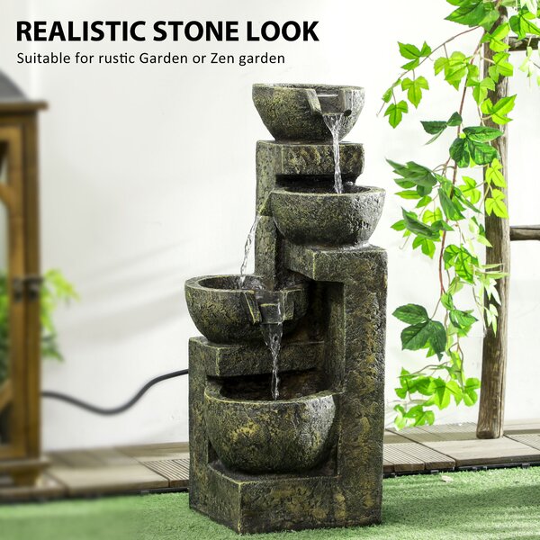 Outsunny Garden Water Feature Waterfall Fountain with 4-Tier Stone Look Bowls, Adjustable Flow, Black and Yellow Aosom UK