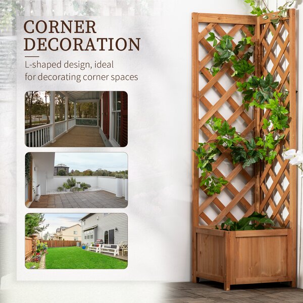 Outsunny Wooden Planter with Corner Trellis, Freestanding Raised Garden Bed with Drainage Bottom, Outdoor Planter Box, Brown
