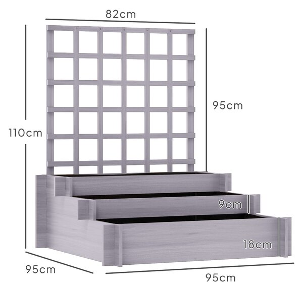 Outsunny 3 Tier Garden Planters with Trellis for Vine Climbing, Wooden Raised Beds, 95x95x110cm, Grey