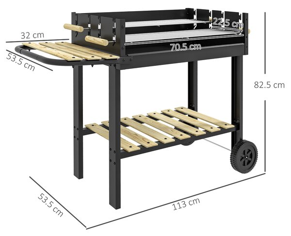 Outsunny Charcoal BBQ Grill, Barbecue Trolley with Double Adjustable Grill, Side Table, Storage Shelf and Wheels for Outdoor Garden Party Cooking, Black