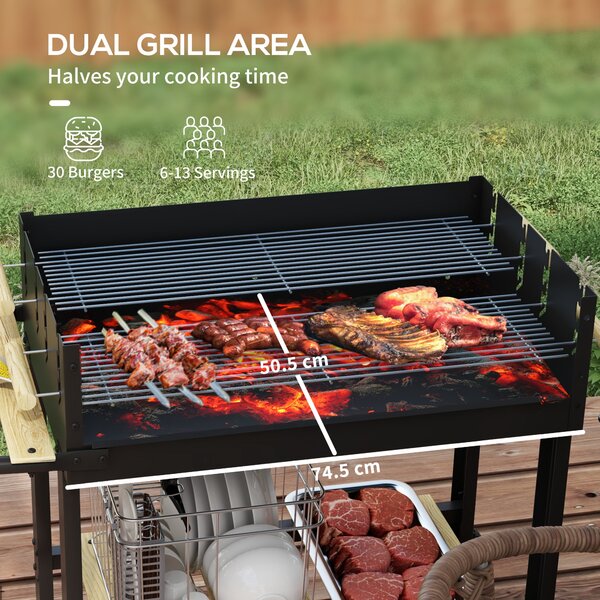 Outsunny Charcoal BBQ Grill, Barbecue Trolley with Double Adjustable Grill, Side Table, Storage Shelf and Wheels for Outdoor Garden Party Cooking, Black