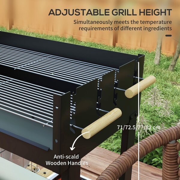 Outsunny Charcoal BBQ Grill, Barbecue Trolley with Double Adjustable Grill, Side Table, Storage Shelf and Wheels for Outdoor Garden Party Cooking, Black