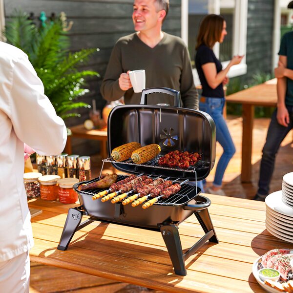 Outsunny Charcoal Barbecue Grill Folding BBQ Grill with 1232 cm² Cooking Area, Adjustable Vent, Thermometer, Handles for Camping Picnic, Black