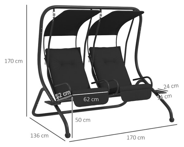Outsunny Two-Seat Garden Swing Chair, with Protective Canopy - Black
