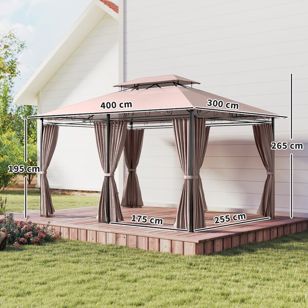 Outsunny 4m x 3(m) Metal Gazebo Canopy Party Tent Garden Pavillion Patio Shelter Pavilion with Curtains Sidewalls Brown