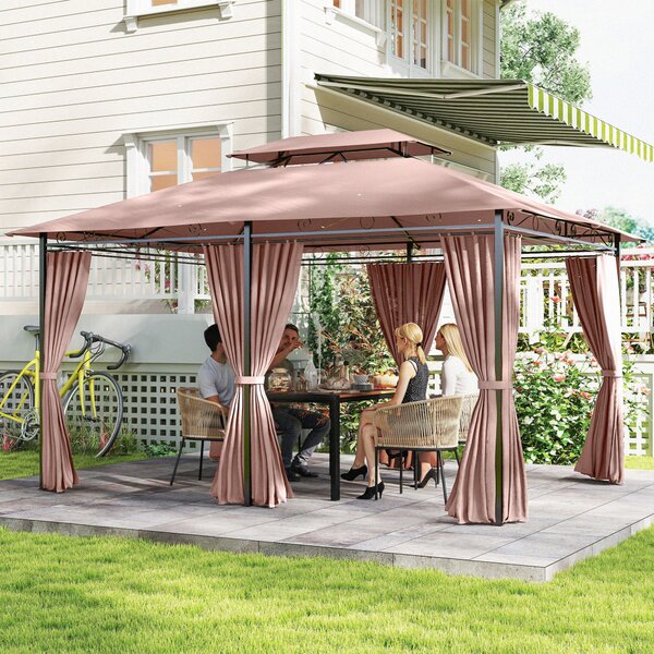 Outsunny 4m x 3(m) Metal Gazebo Canopy Party Tent Garden Pavillion Patio Shelter Pavilion with Curtains Sidewalls Brown