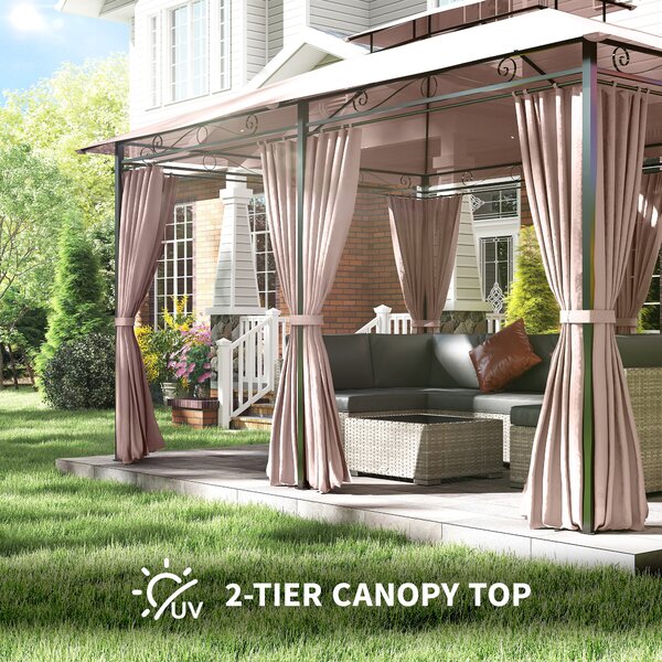 Outsunny 4m x 3(m) Metal Gazebo Canopy Party Tent Garden Pavillion Patio Shelter Pavilion with Curtains Sidewalls Brown